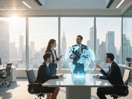 现代化办公环境中商务人士正在讨论跨境电商策略，背景有全球地图和电商图标，明亮自然光