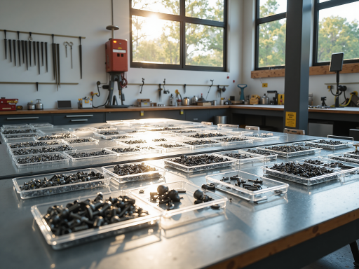 工业产品展示,包括各种机械零件和工具,整齐排列在货架上,明亮自然光