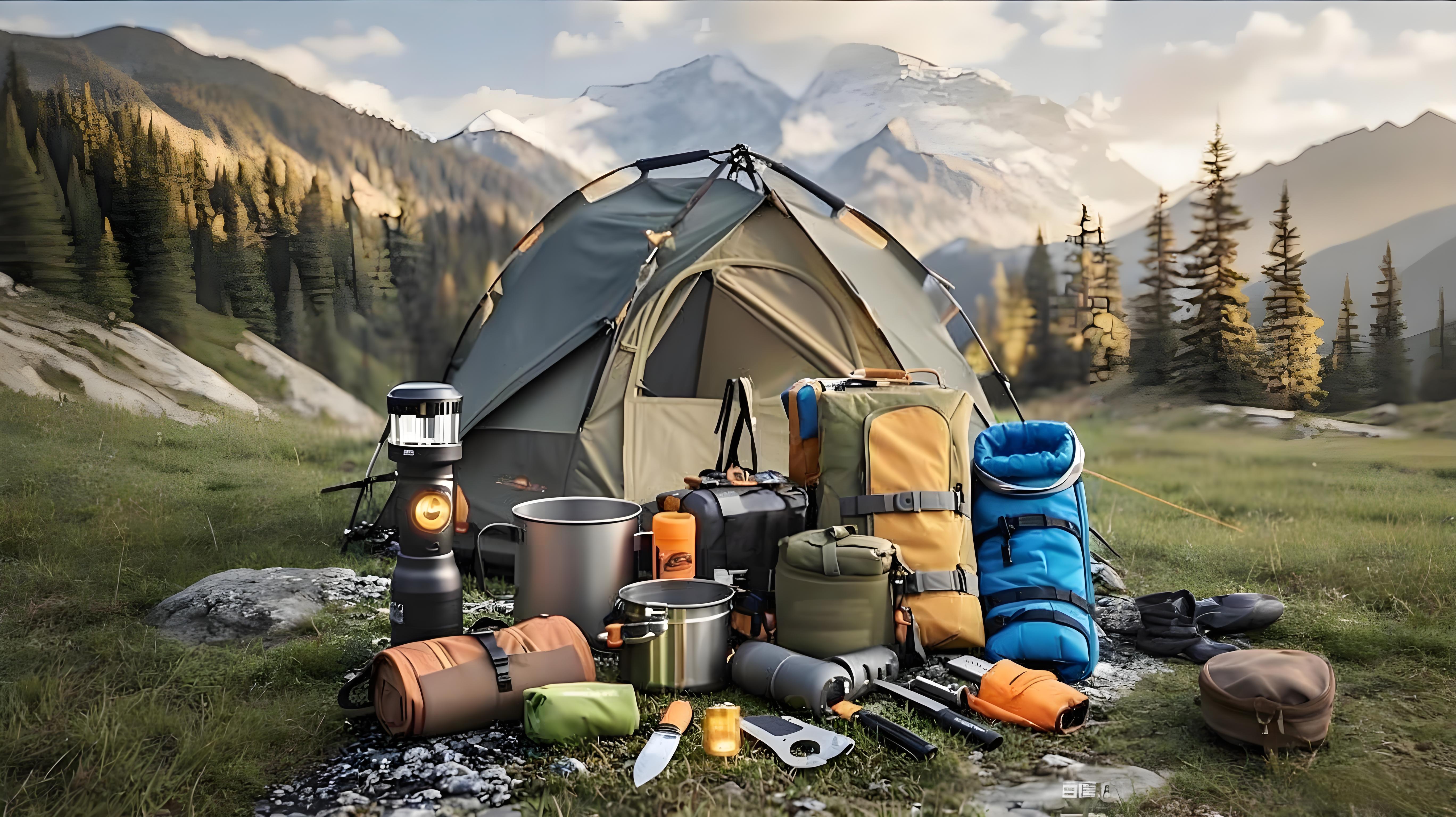 户外用品展示,包括帐篷、登山包、户外装备等,绿色背景突出户外主题,自然光线